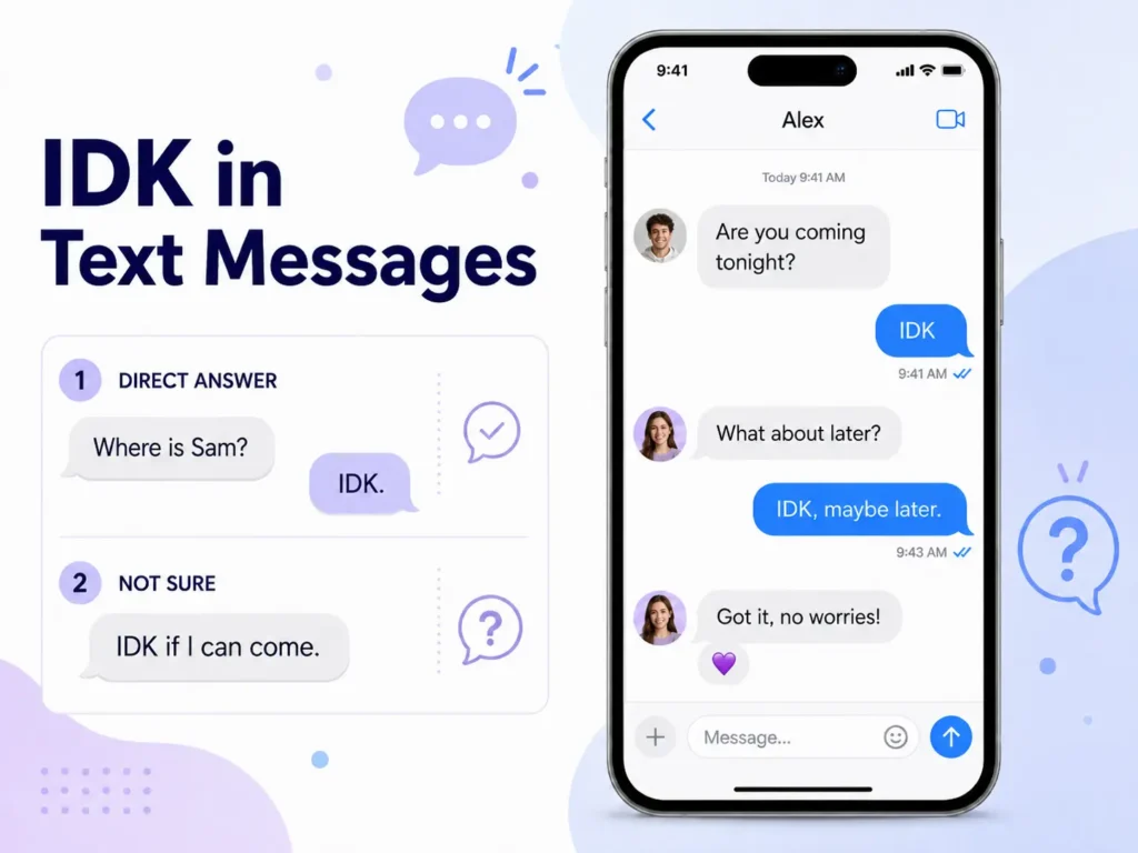 IDK in text messages infographic showing direct-answer and uncertainty examples with a smartphone chat conversation.