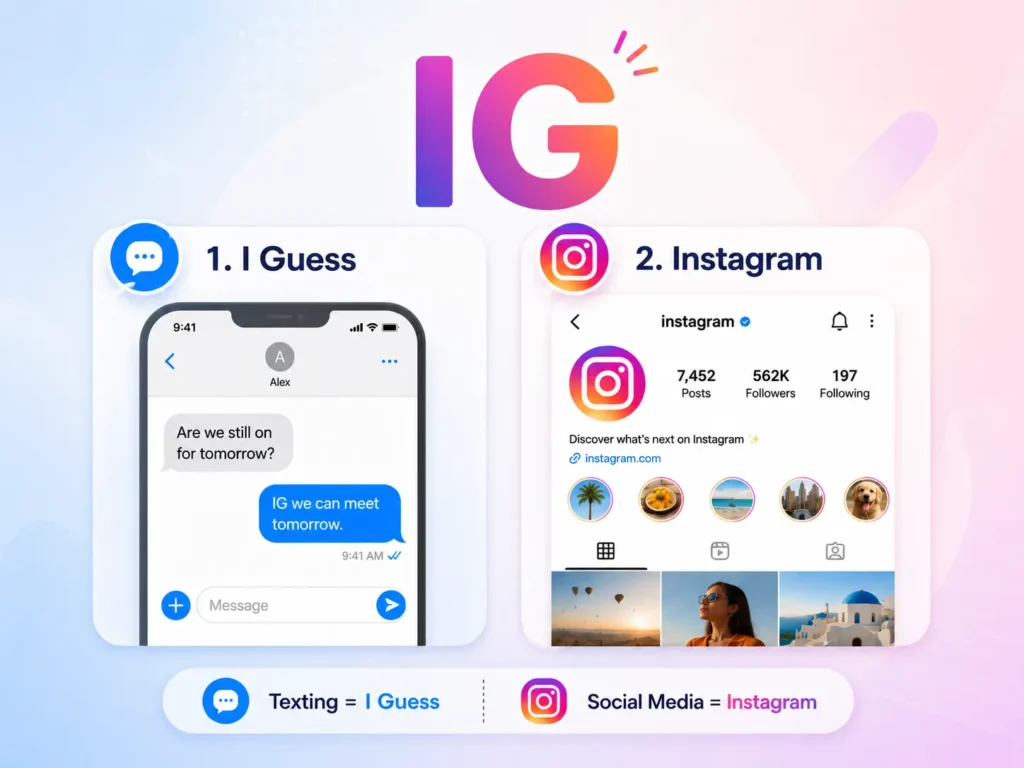 IG meaning infographic showing “I Guess” in texting and “Instagram” in social media with chat and profile examples.