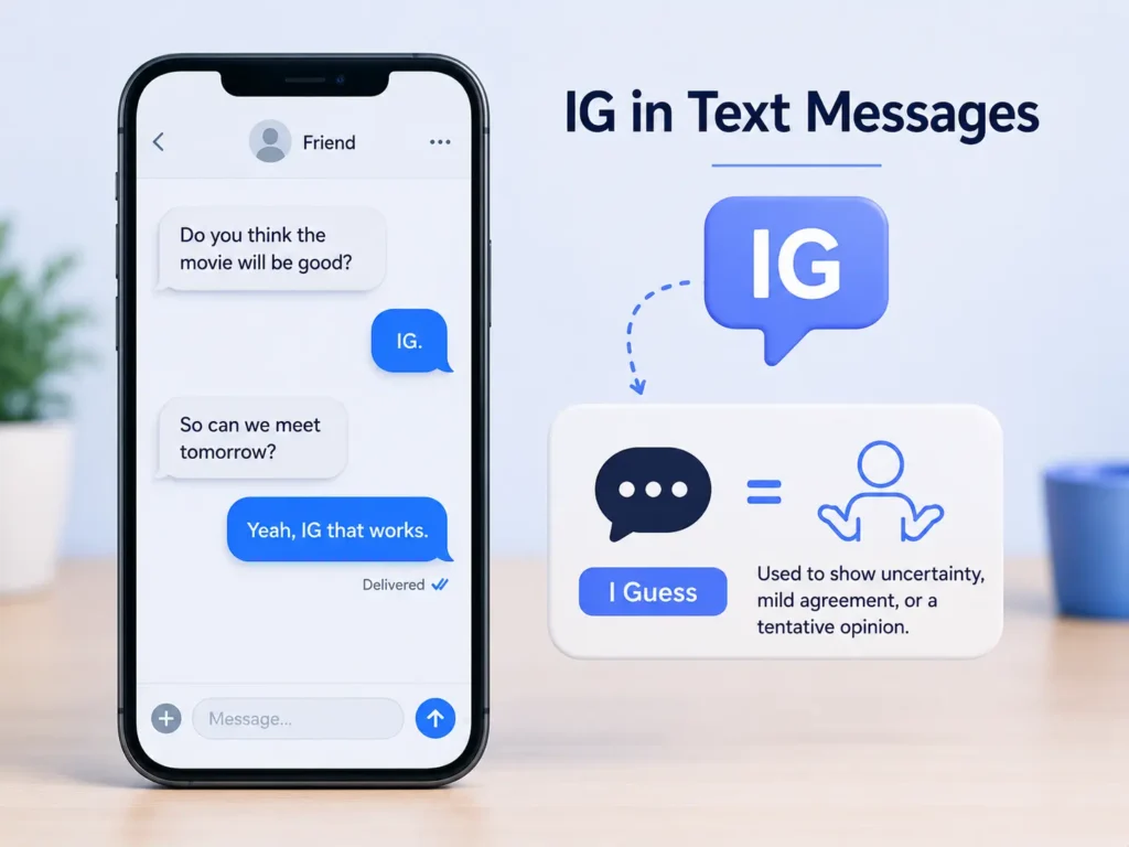 IG meaning in text messages infographic showing IG as “I Guess” with chat examples expressing uncertainty and mild agreement.