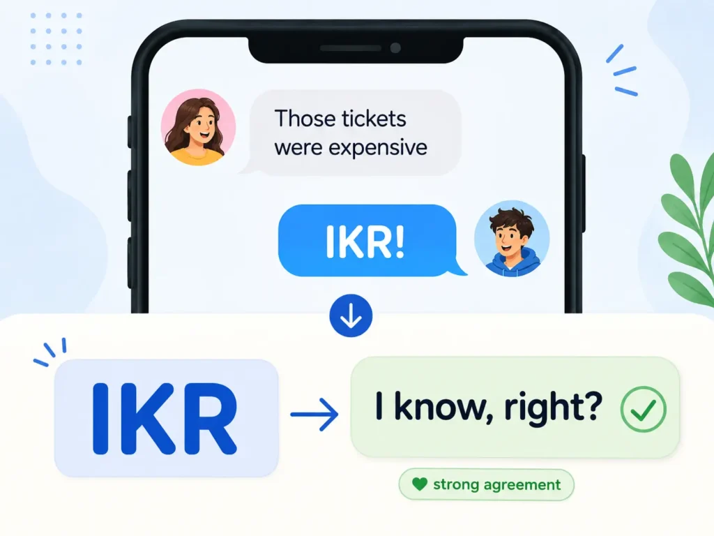 IKR meaning infographic showing a text conversation and explaining that IKR means “I know, right?” and expresses strong agreement.
