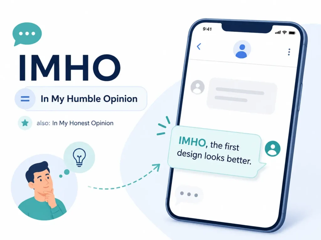 IMHO meaning infographic showing “In My Humble Opinion” with a smartphone chat example using IMHO in a text message.