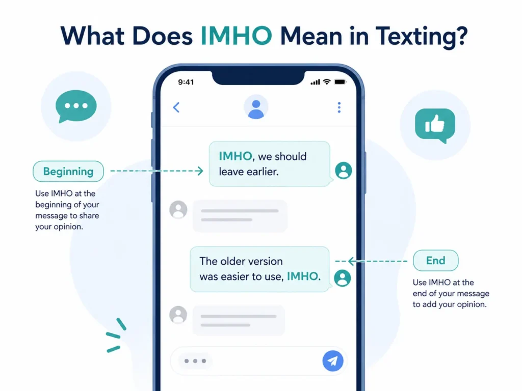IMHO meaning in texting infographic showing how to use IMHO at the beginning or end of a text message to share a personal opinion.