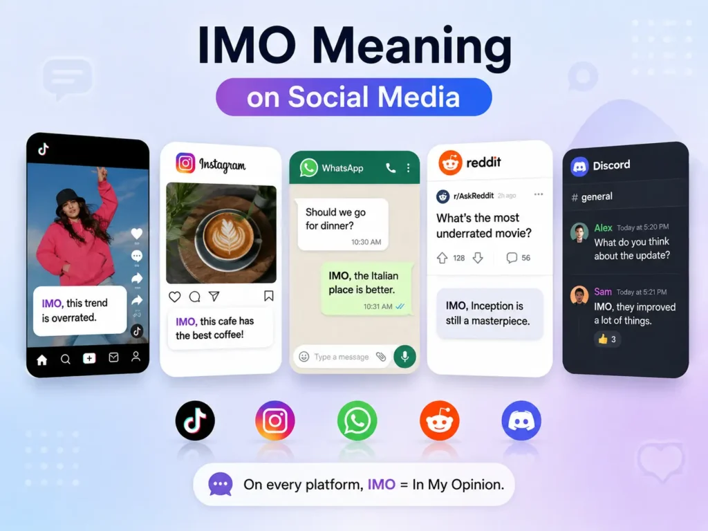 IMO meaning on social media infographic showing how “In My Opinion” is used on TikTok, Instagram, WhatsApp, Reddit, and Discord.