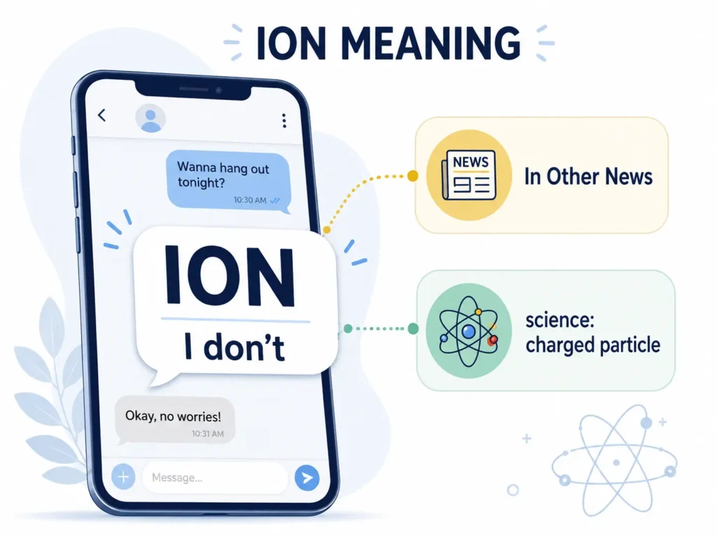 ION Meaning infographic showing “ION” as “I don’t” in texting, with secondary meanings “In Other News” and a charged particle in science.