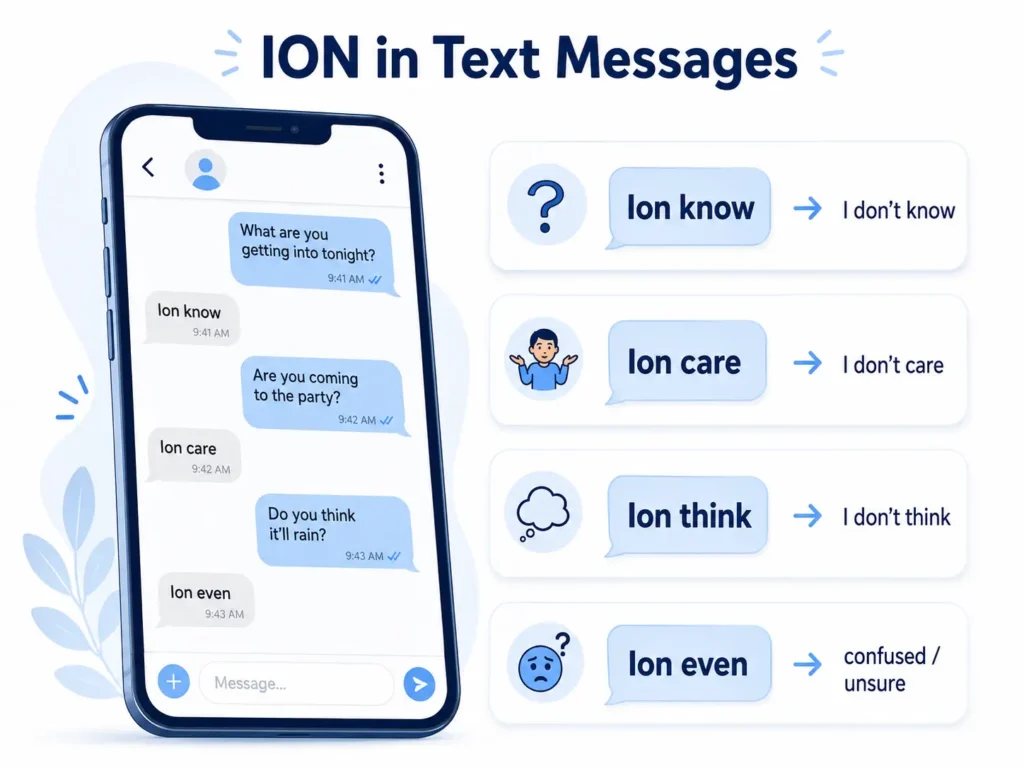 ION in text messages infographic showing examples like “Ion know,” “Ion care,” “Ion think,” and “Ion even” with their meanings.