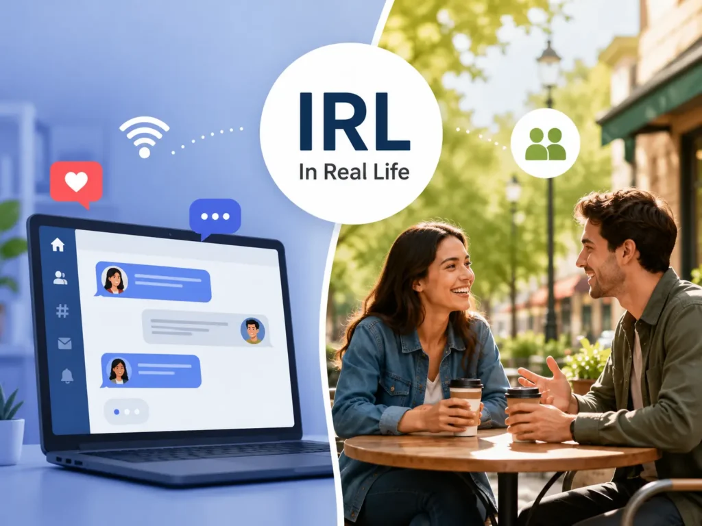 IRL meaning illustration showing online chat on a laptop compared with two people meeting and talking in real life.