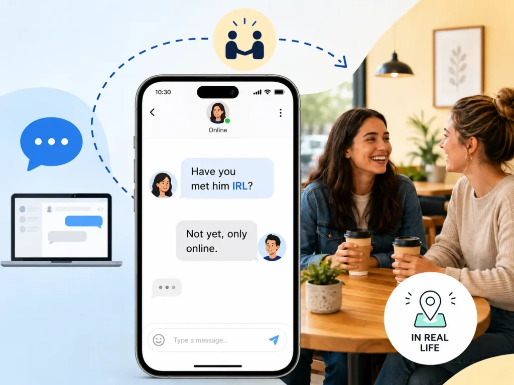 IRL meaning in texting illustration showing a smartphone chat about meeting someone IRL and two friends talking face-to-face at a café.