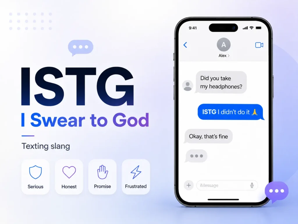 ISTG meaning infographic showing “I Swear to God” with a texting example and common uses such as serious, honest, promise, and frustration.