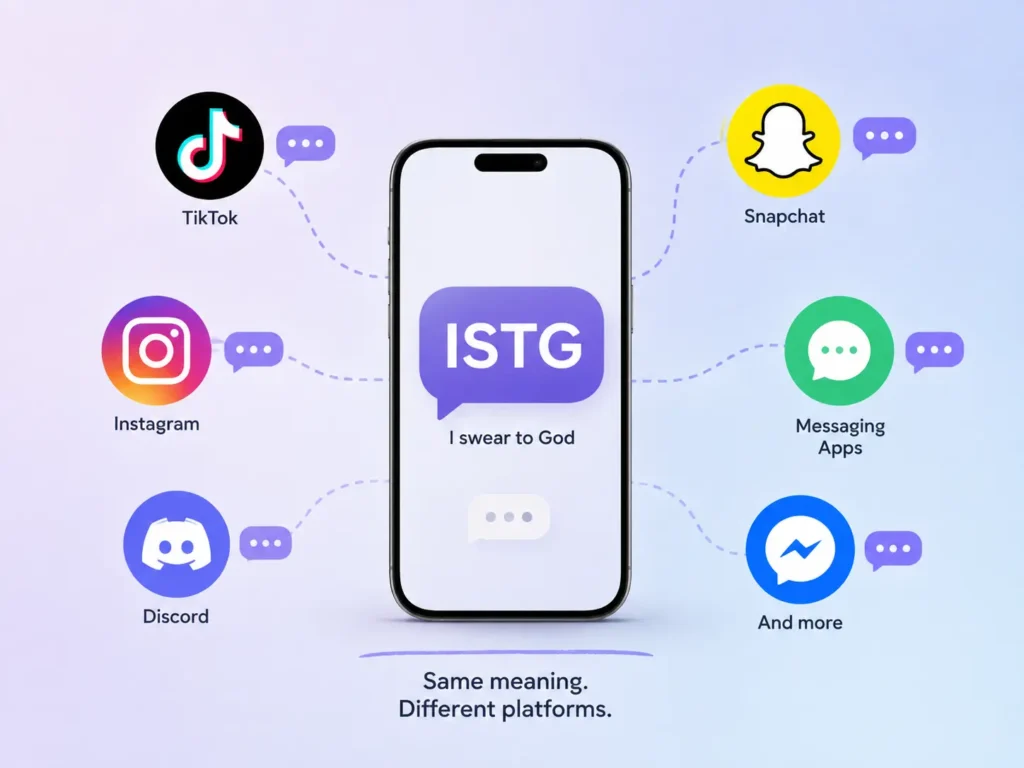 ISTG meaning on social media infographic showing ISTG as “I swear to God” across TikTok, Instagram, Snapchat, Discord, and messaging apps.