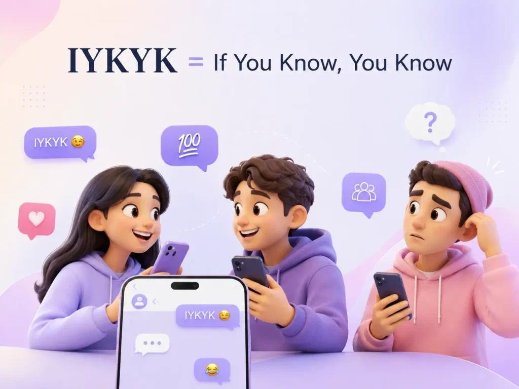 IYKYK meaning explained as “If You Know, You Know,” with two friends sharing an inside joke while another person looks confused.