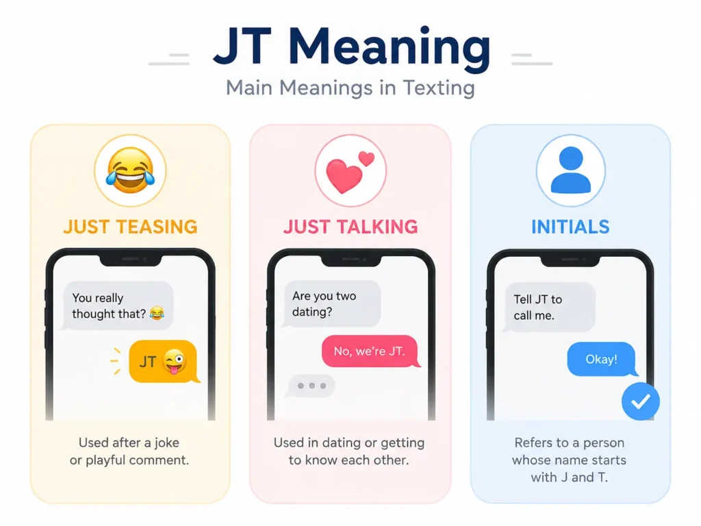 JT Meaning infographic showing Just Teasing, Just Talking, and initials with simple texting conversation examples.