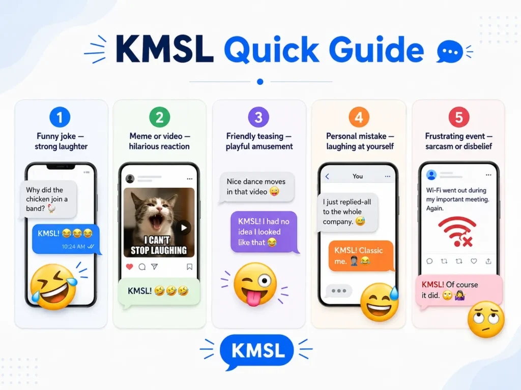 KMSL quick guide infographic showing five common uses: strong laughter at a joke, reacting to a funny meme or video, friendly teasing, laughing at a personal mistake, and expressing sarcasm or disbelief.