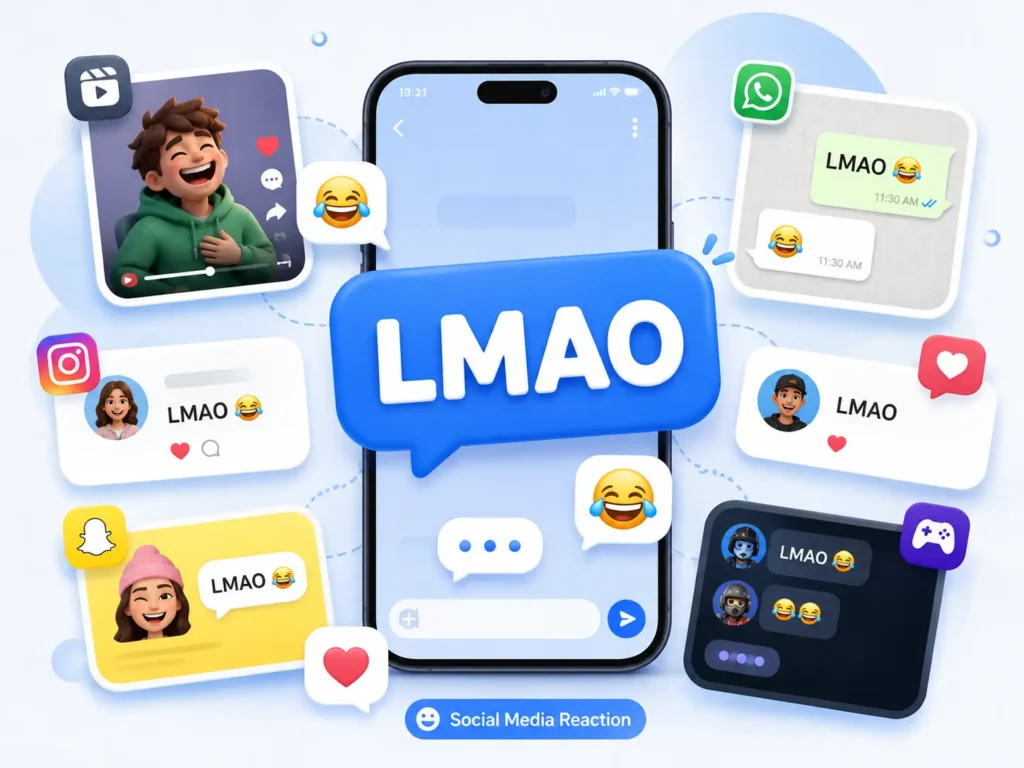LMAO meaning on social media shown through texting, comments, gaming chats, and laughing emoji reactions.