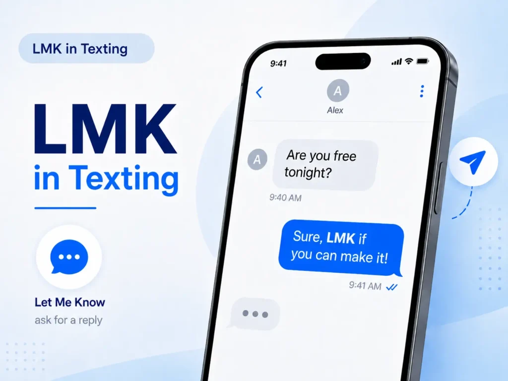 LMK in texting graphic showing a smartphone conversation using “LMK” to mean “Let Me Know” when asking for a reply.