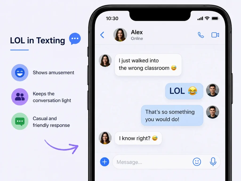 LOL meaning in texting infographic showing a chat conversation where LOL expresses amusement and keeps the conversation casual and friendly.
