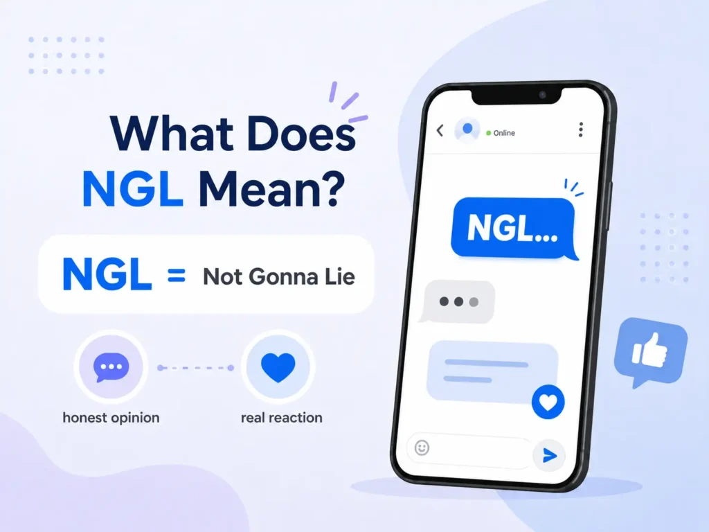 What Does NGL Mean infographic showing “NGL = Not Gonna Lie” with smartphone chat bubbles representing honest opinions and real reactions.