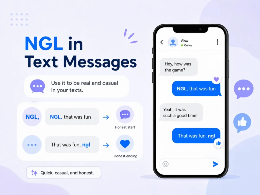 NGL in text messages infographic showing examples of NGL at the beginning and end of a message with a smartphone chat conversation.