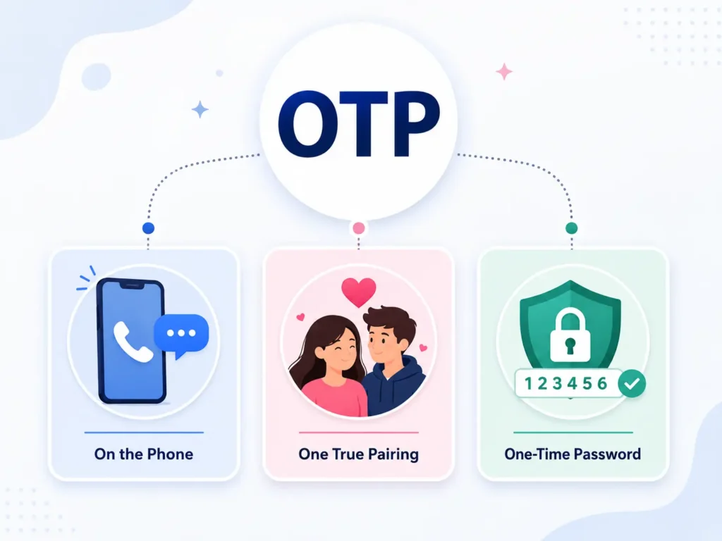 OTP meaning infographic showing On the Phone, One True Pairing, and One-Time Password with phone, couple, and security icons.