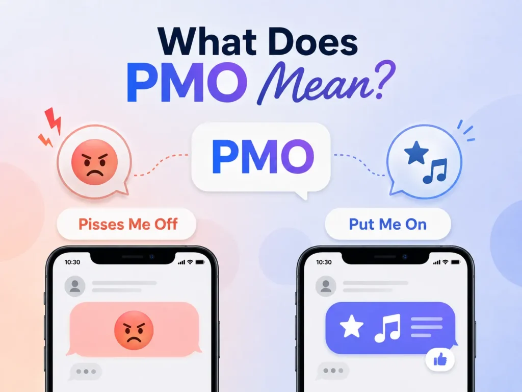 What does PMO mean infographic showing “Pisses Me Off” and “Put Me On” with texting and recommendation examples.