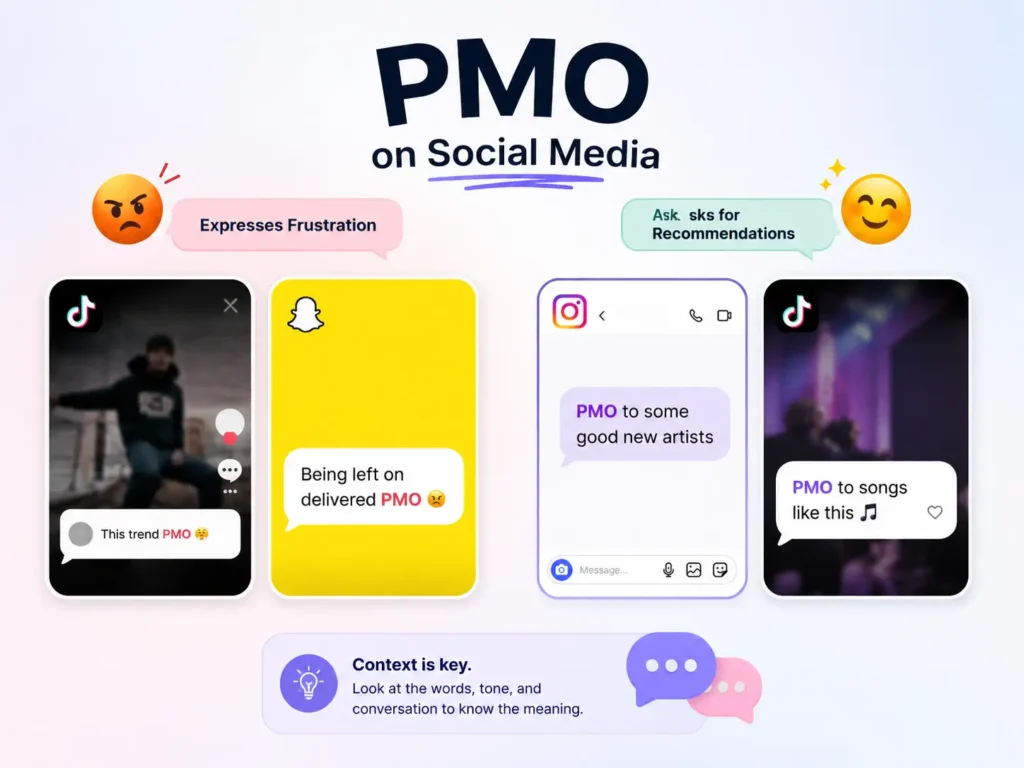PMO meaning on social media infographic showing frustration and recommendation examples across TikTok, Snapchat, and Instagram.