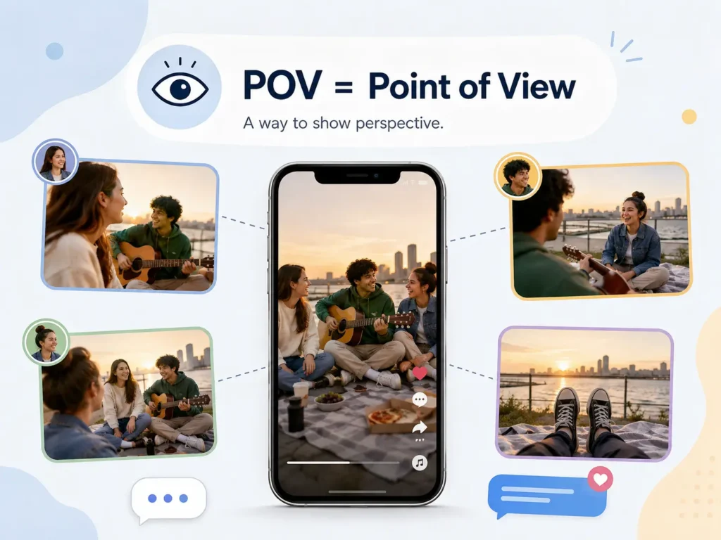 POV meaning infographic showing “POV = Point of View” with a smartphone and the same social scene viewed from multiple perspectives.