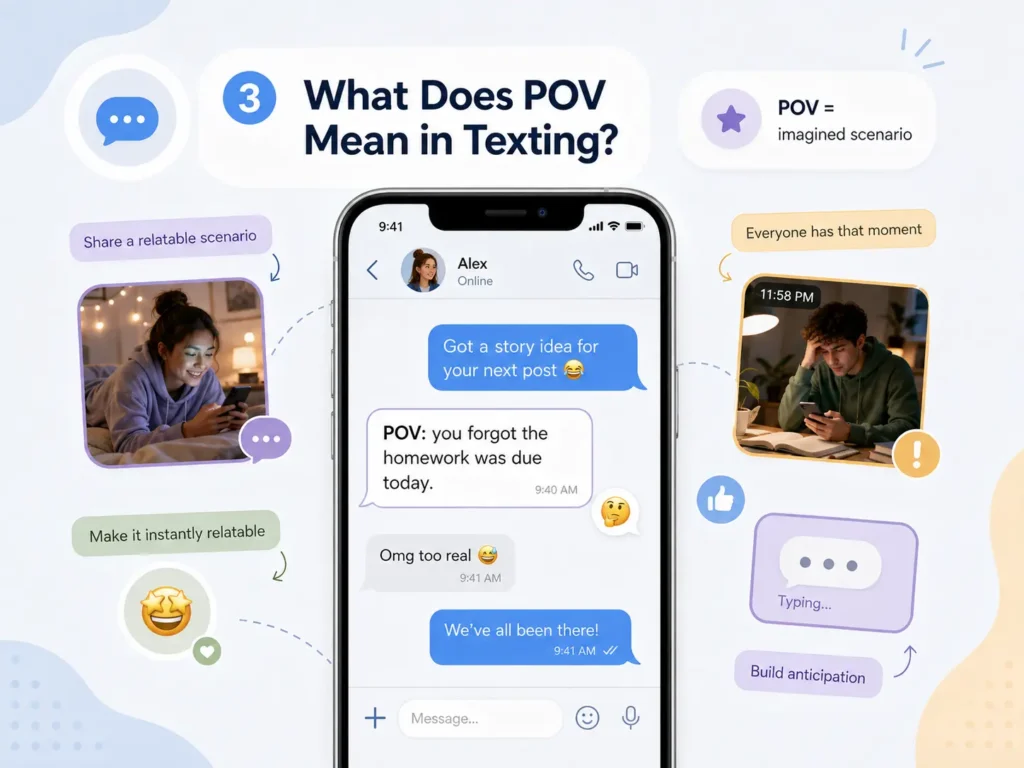 POV meaning in texting infographic showing a smartphone conversation with a relatable “POV” scenario and message reactions.