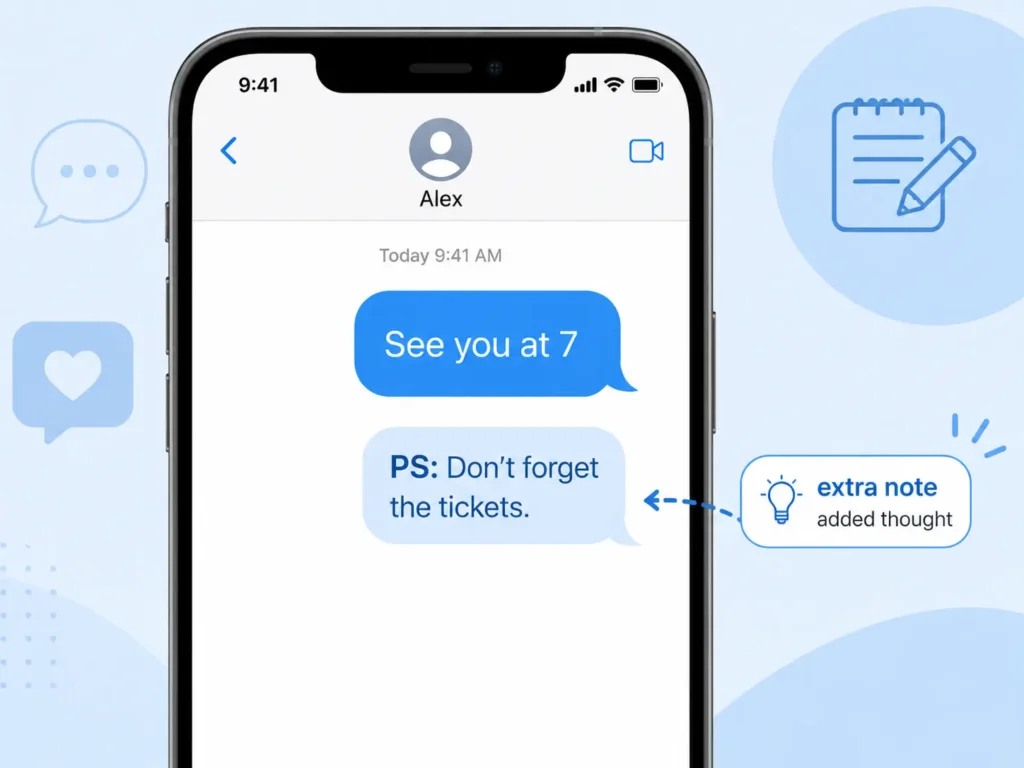 PS meaning in text messages shown with a smartphone example explaining PS as an extra note or added thought.