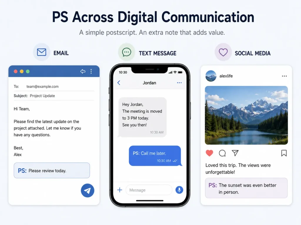 PS meaning across digital communication shown with examples in email, text messages, and social media posts.