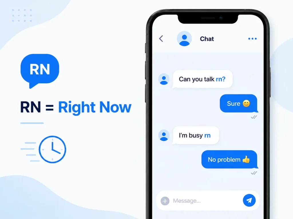 RN meaning infographic showing “RN = Right Now” with smartphone chat examples explaining how RN is used in texting.