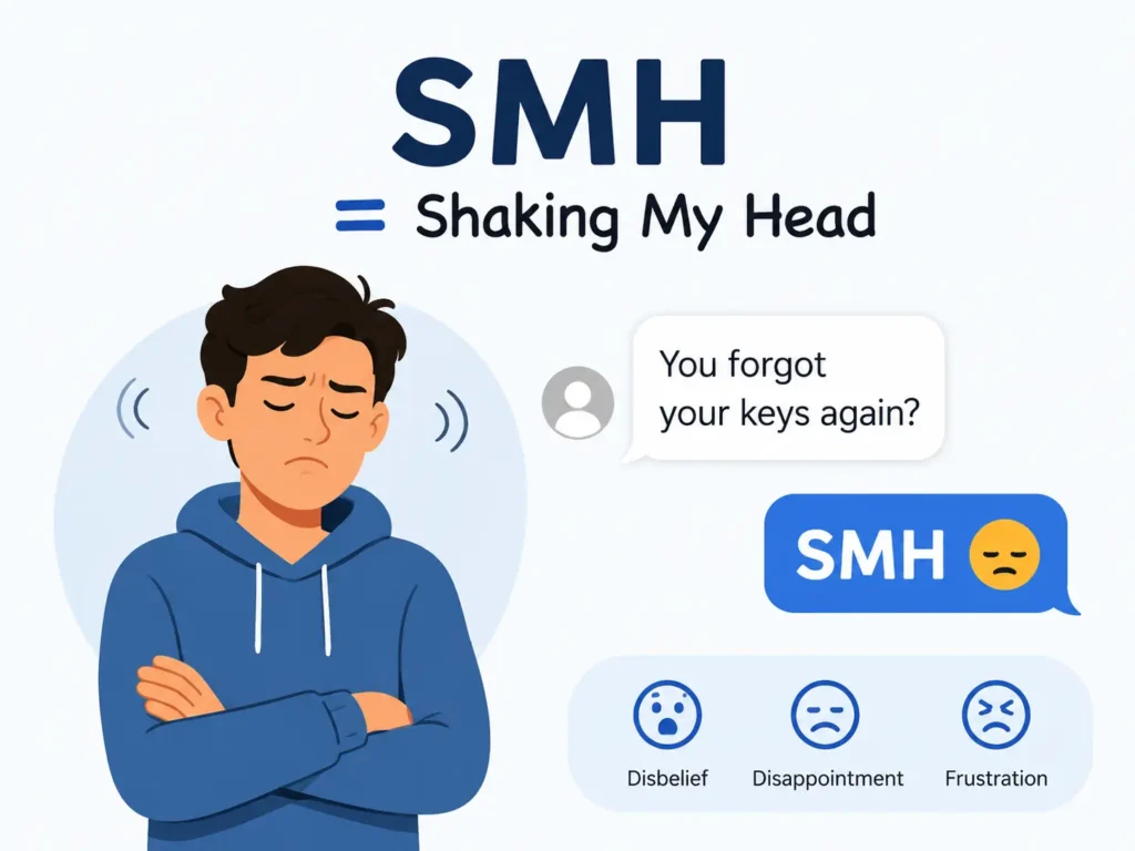 SMH meaning infographic showing “SMH = Shaking My Head,” a frustrated person shaking their head, and examples of disbelief, disappointment, and frustration.