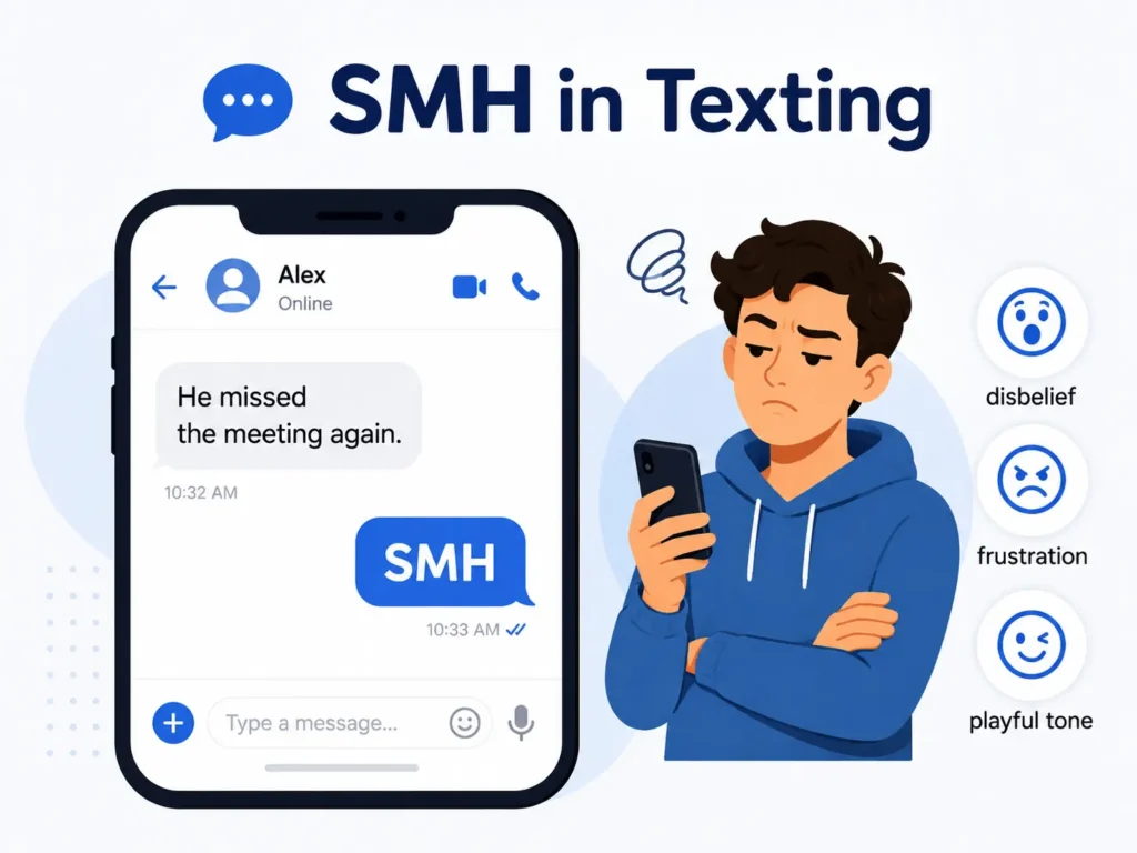 SMH in texting infographic showing a phone conversation using “SMH” to express disbelief, frustration, or a playful reaction.
