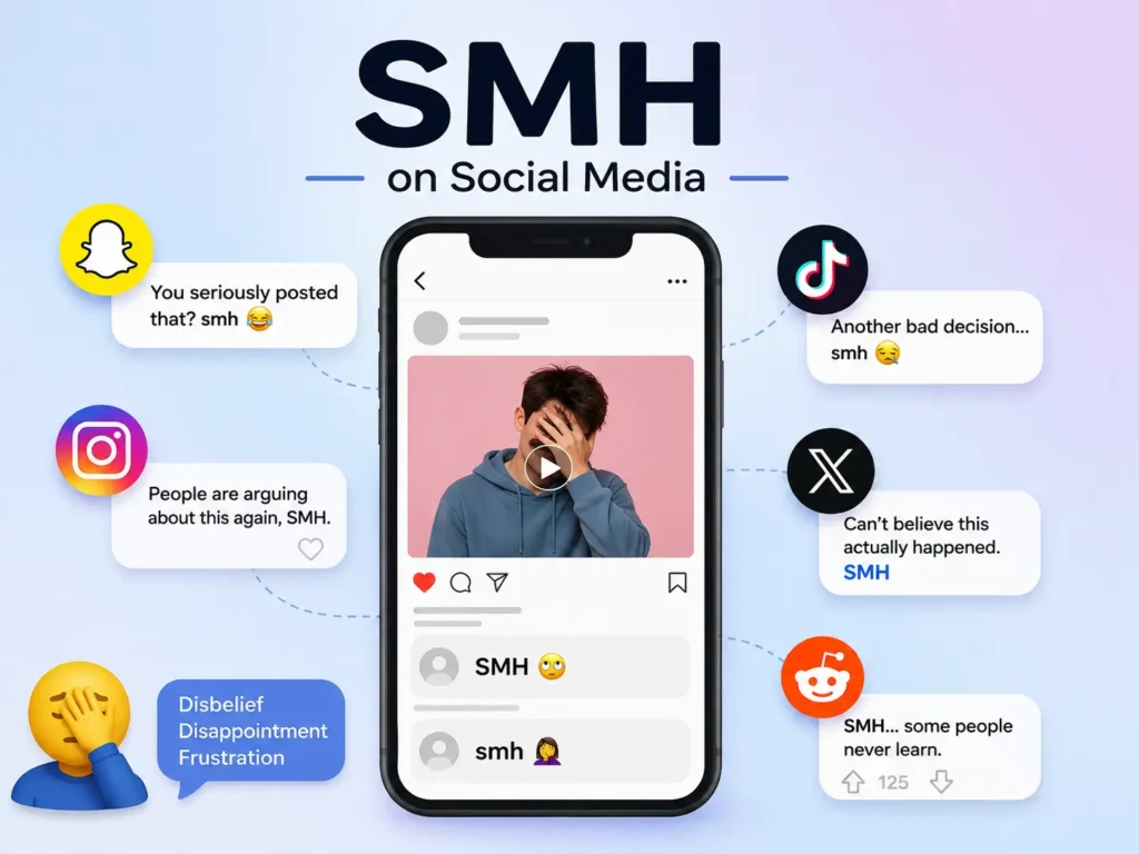 SMH on social media infographic showing examples of “SMH” in Snapchat, Instagram, TikTok, X, and Reddit comments to express disbelief, disappointment, and frustration.
