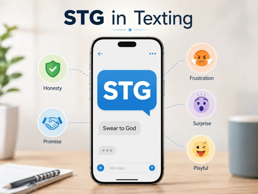 STG meaning in texting infographic showing “Swear to God” with common uses including honesty, promise, frustration, surprise, and playful emphasis.