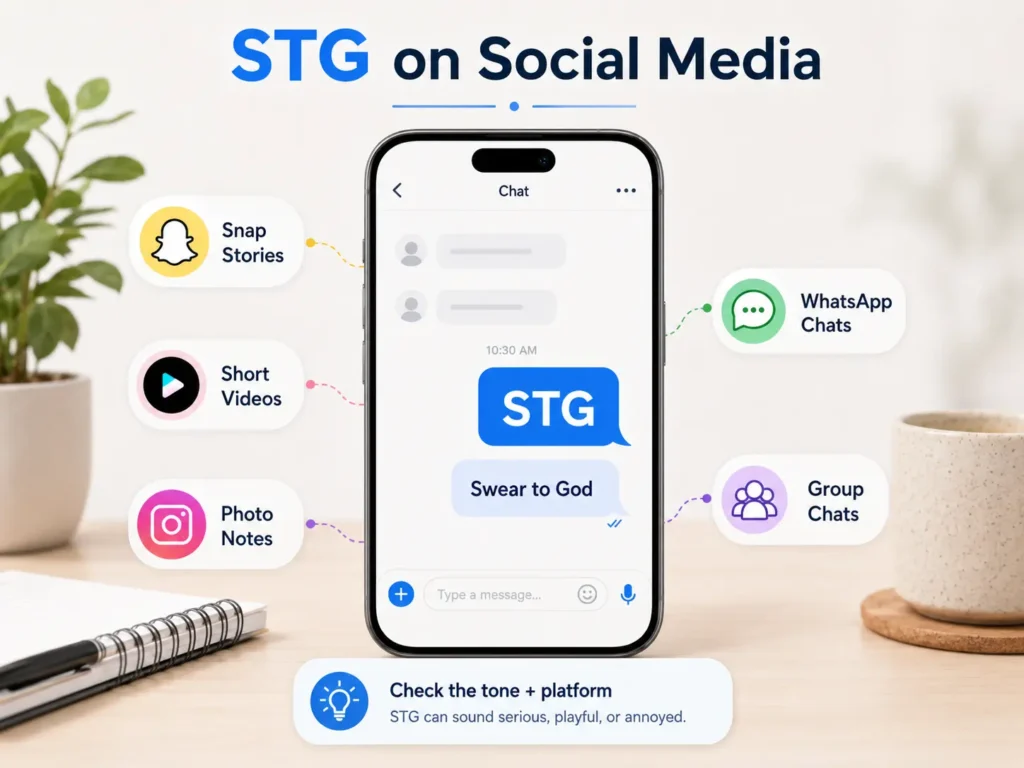 STG on social media infographic showing “Swear to God” in chats, short videos, photo posts, WhatsApp, and group conversations.