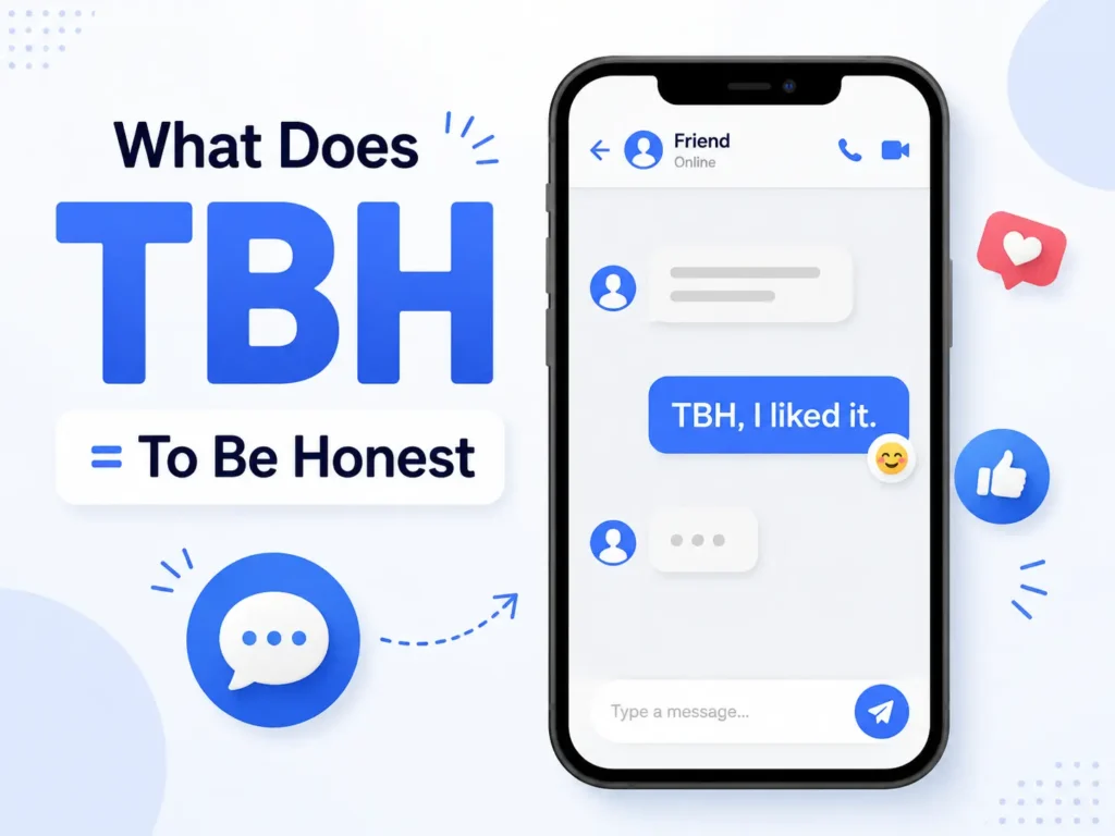 TBH meaning infographic showing “TBH = To Be Honest” with a smartphone chat example saying “TBH, I liked it.”
