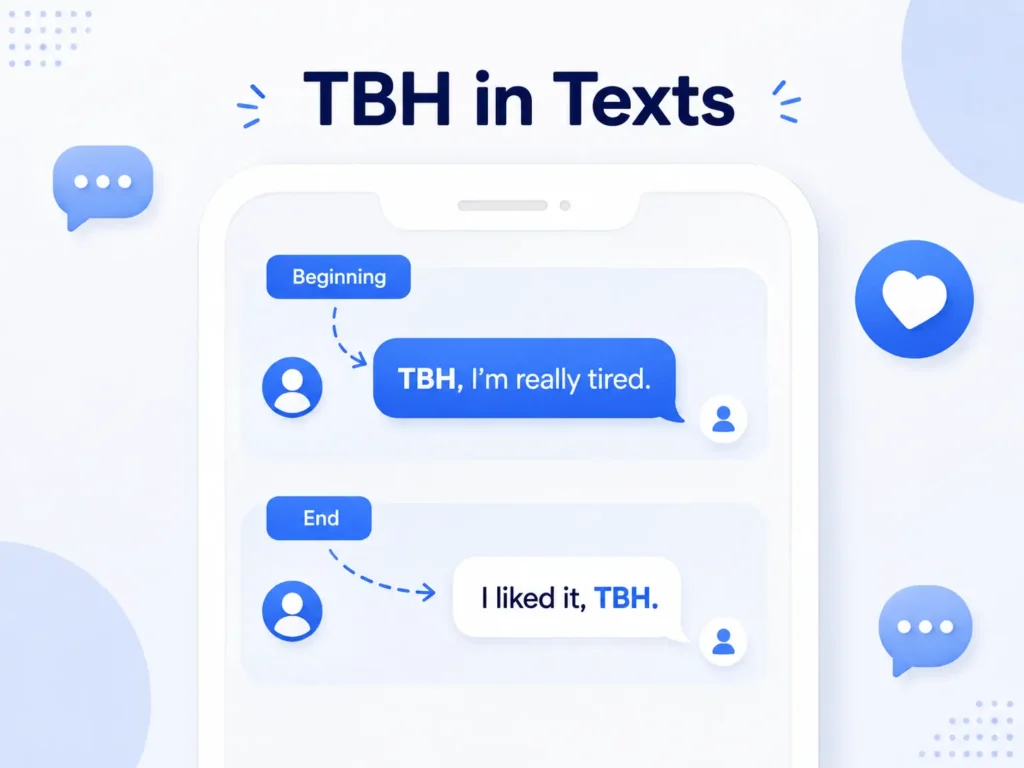 TBH in texts infographic showing examples of TBH used at the beginning and end of a text message.