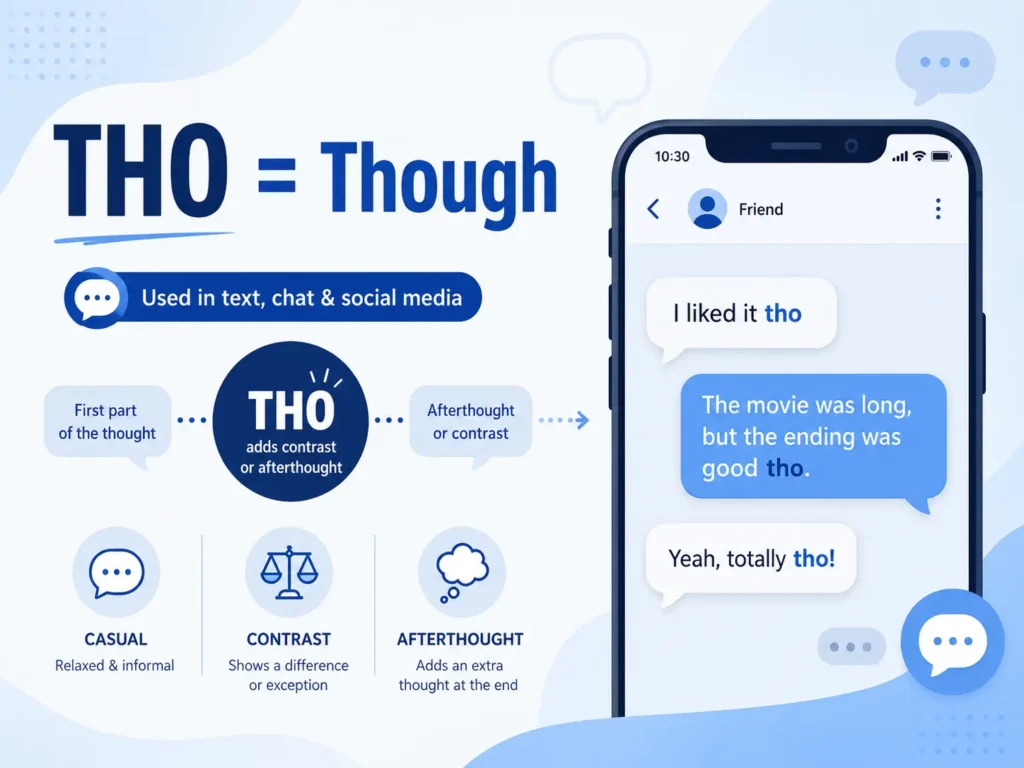 THO meaning infographic showing that “THO” means “though” in casual text, chat, and social media, with examples of contrast and afterthought usage.