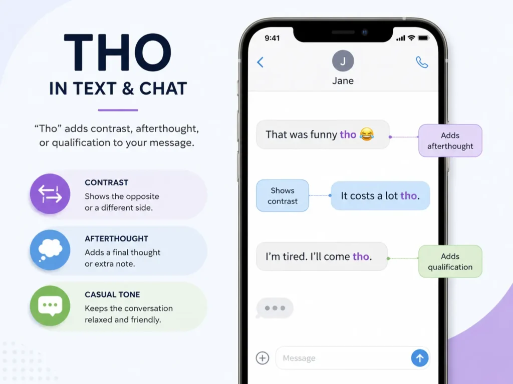 THO in text and chat infographic showing how “tho” adds contrast, an afterthought, qualification, and a casual tone in messages.