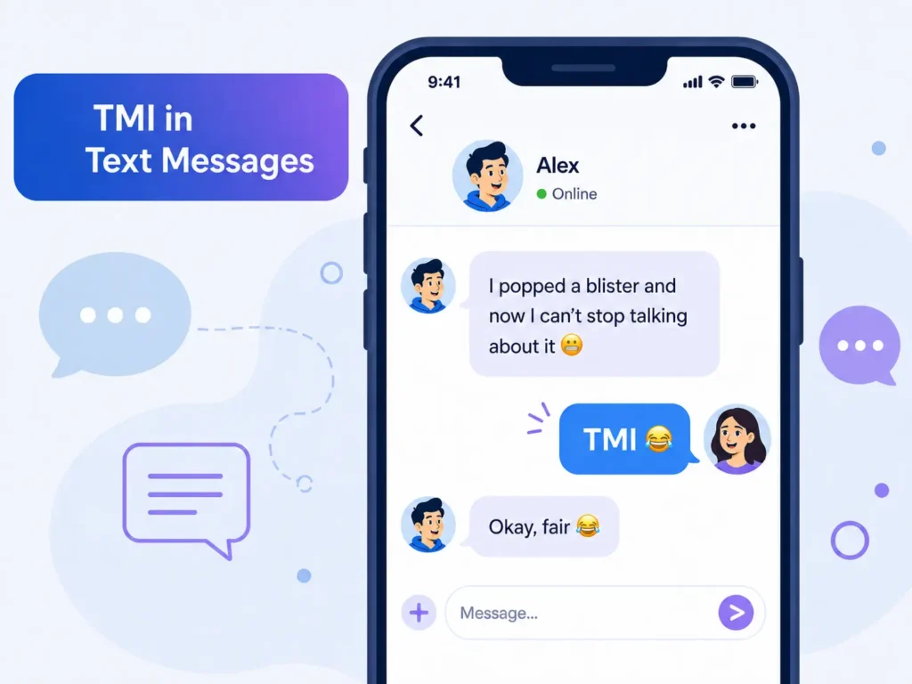 TMI in text messages infographic showing an oversharing chat example followed by a playful “TMI 😂” response.