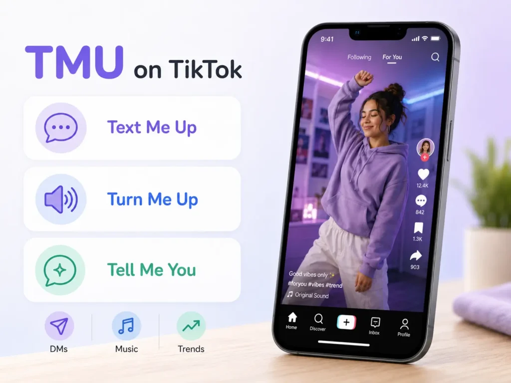 TMU on TikTok infographic showing “Text Me Up,” “Turn Me Up,” and “Tell Me You” with chat, music, and trend icons.