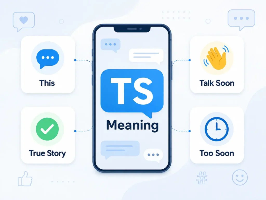 TS meaning infographic showing “This,” “Talk Soon,” “True Story,” and “Too Soon” around a smartphone chat graphic.