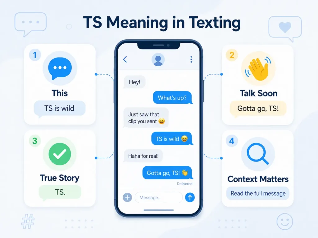 TS meaning in texting infographic showing examples for “This,” “Talk Soon,” “True Story,” and how context helps determine the meaning.