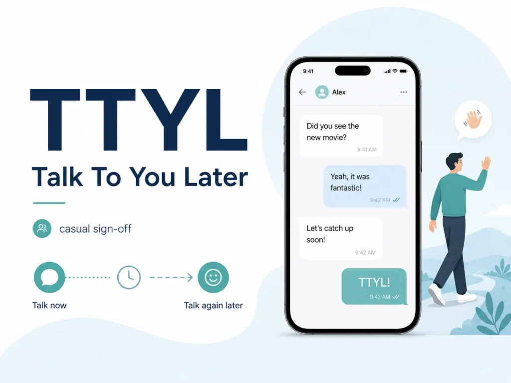 TTYL meaning infographic showing “Talk To You Later,” a smartphone chat, and a person waving goodbye to illustrate a casual sign-off.