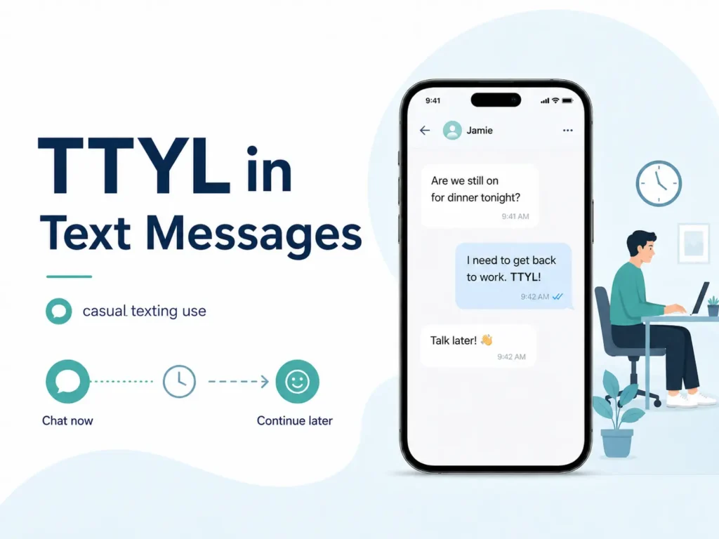 TTYL in text messages infographic showing a smartphone conversation where someone says “I need to get back to work. TTYL!” and continues the chat later.