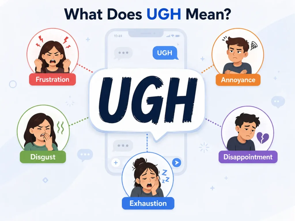 What Does UGH Mean infographic showing frustration, annoyance, disgust, disappointment, and exhaustion in texting.
