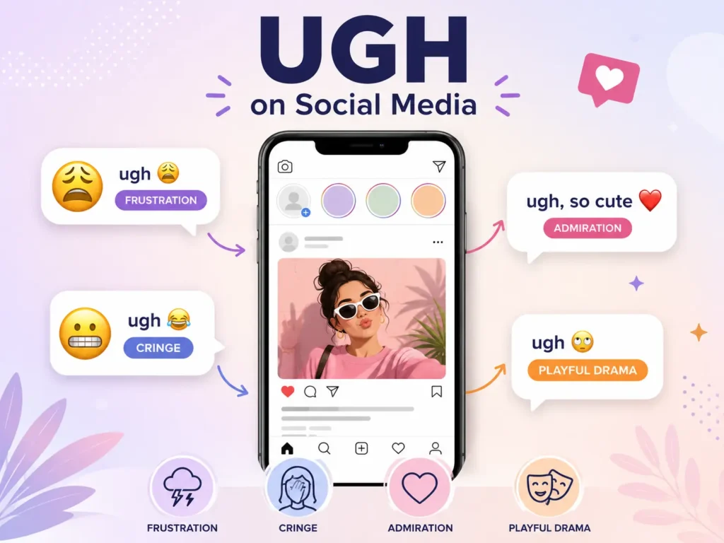 UGH on social media infographic showing a smartphone with examples of frustration, cringe, admiration, and playful reactions using emojis and short messages.