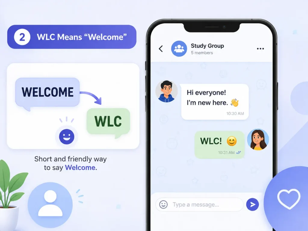 Illustration showing “Welcome” shortened to “WLC,” with a study group chat where a new member is greeted with “WLC!”