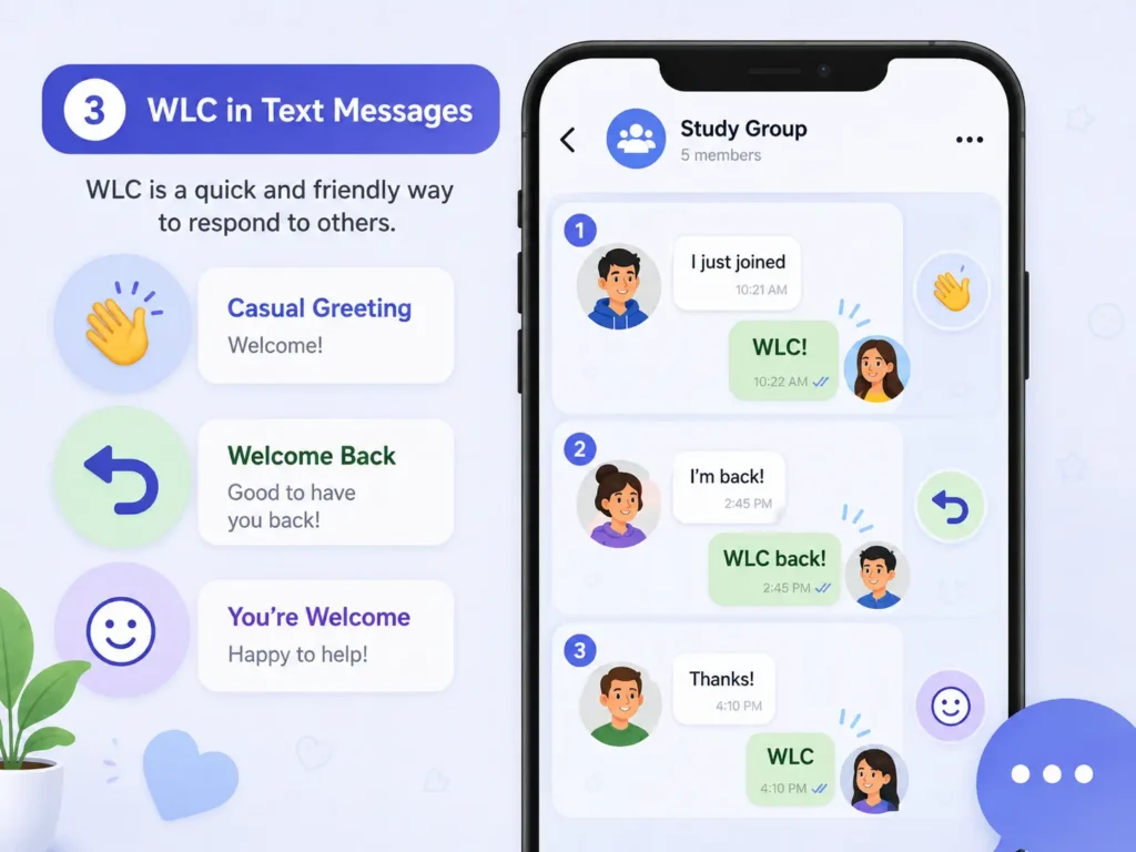 Infographic showing three WLC text-message uses: welcoming a new member, saying welcome back, and replying “you’re welcome” after thanks.