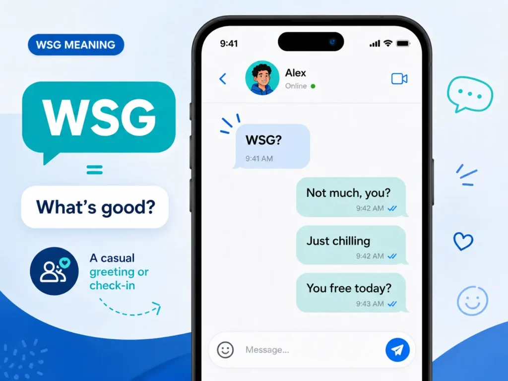 WSG meaning infographic showing “What’s good?” with a smartphone chat example and casual texting replies.