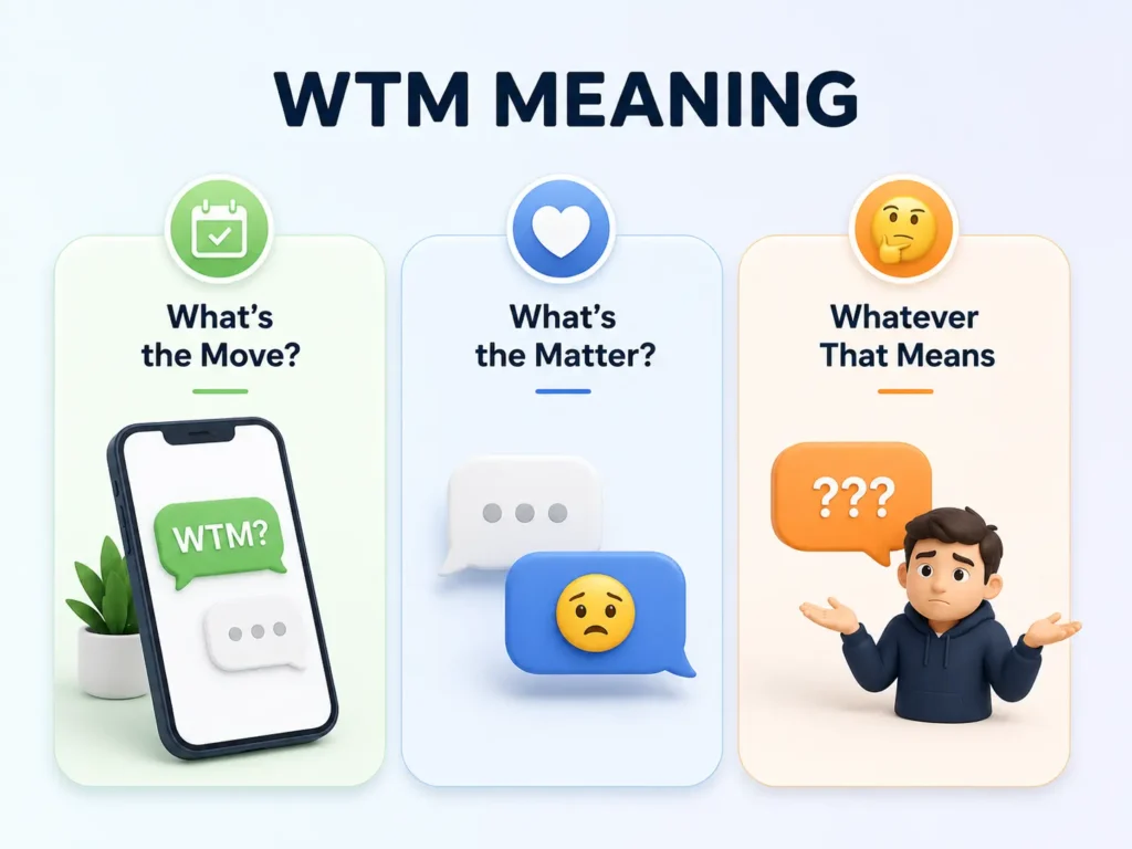 WTM meaning infographic showing “What’s the Move?”, “What’s the Matter?”, and “Whatever That Means” with simple texting examples.